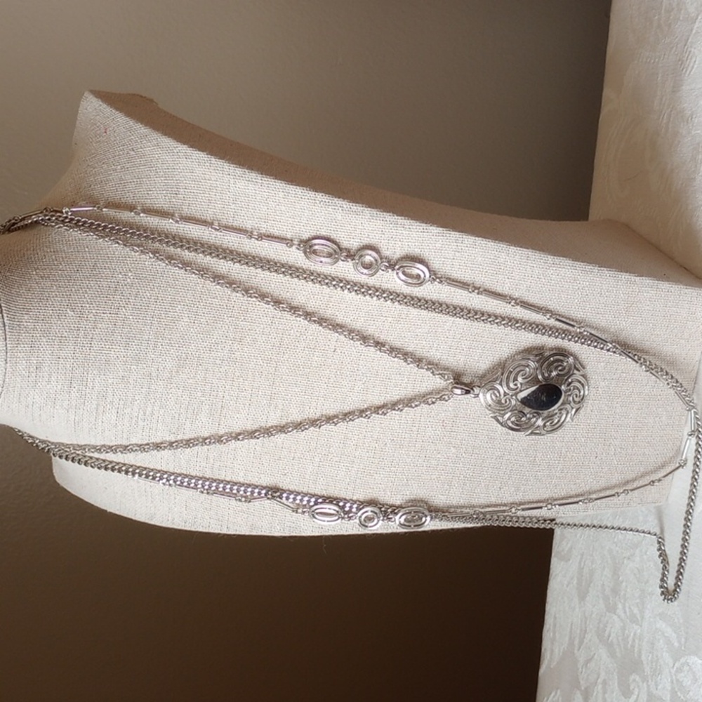 Triple Strand Silver Tone Necklace scroll teardrop Medallion